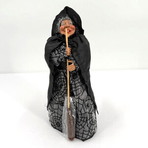 Halloween Witch Shelf Sitter Figurine Spider Web Dress Folk Art Witch Decor Blk